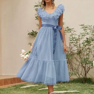 Simplee Swiss Dot Layered Trim Belted Mesh Dress